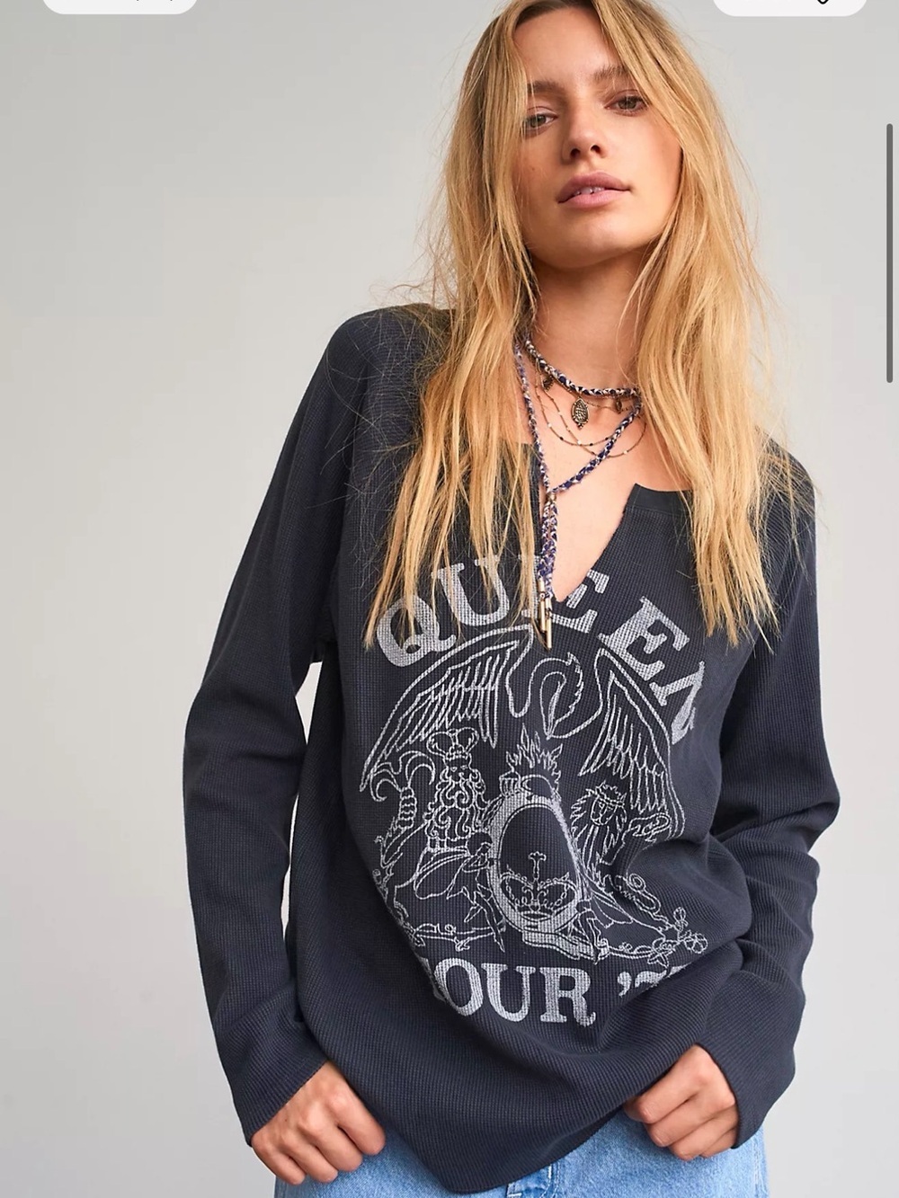 DAYDREAMER Free Peopke Graphic 'Queen Tour 75” Thermal Top - Charcoal Gray M